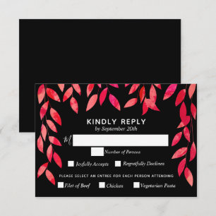 Hot Pink Foliage on Black Wedding RSVP Card