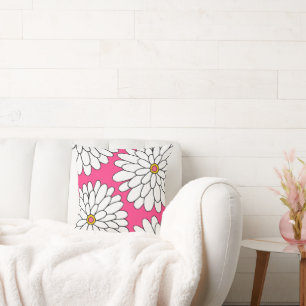 Hot Pink Four Hand Drawn Zinnias  Cushion