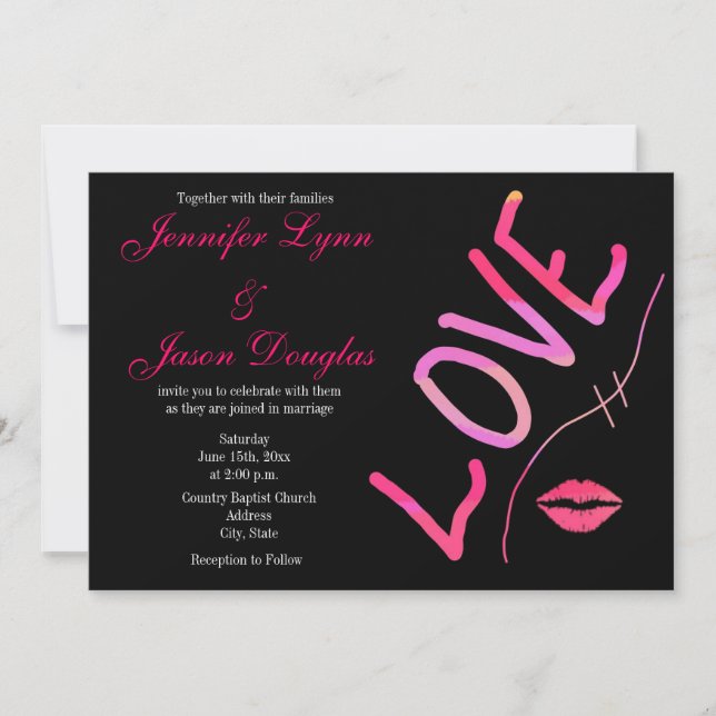 Hot Pink Fuchsia and Black Love Wedding Invitation (Front)