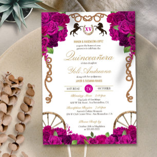 Hot Pink Fuchsia Rose Western Charra Quinceañera Invitation