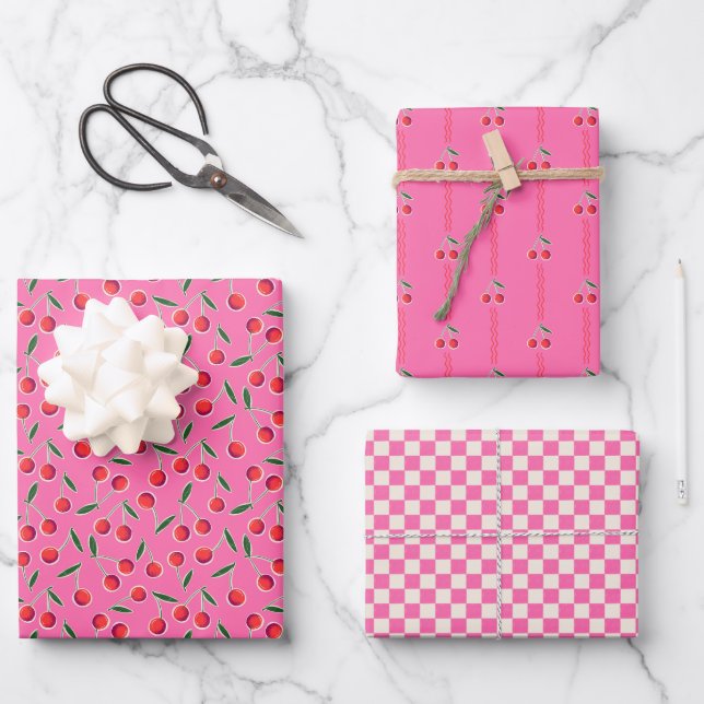 Hot Pink Funky Retro Berry Cherry and Checkers Wrapping Paper Sheet (Front)