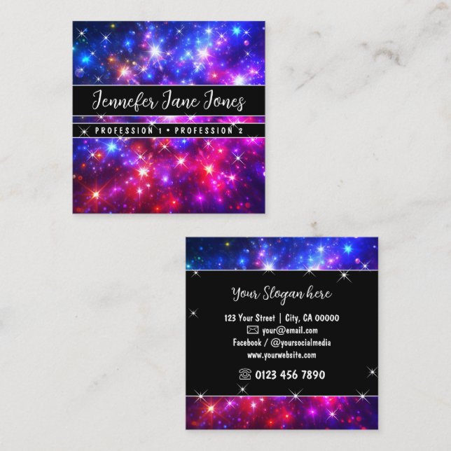 Hot Pink Galaxy Nebula Glitter Sparkle Stars     Square Business Card (Front/Back)