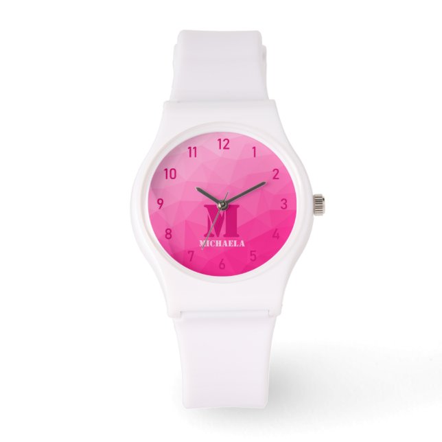 Hot pink geometric mesh pattern Monogram Watch (Front)