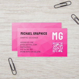 Hot pink geometric mesh pattern QR code Monogram Business Card