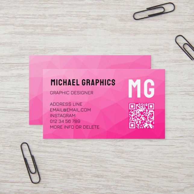 Hot pink geometric mesh pattern QR code Monogram Business Card (Front/Back In Situ)