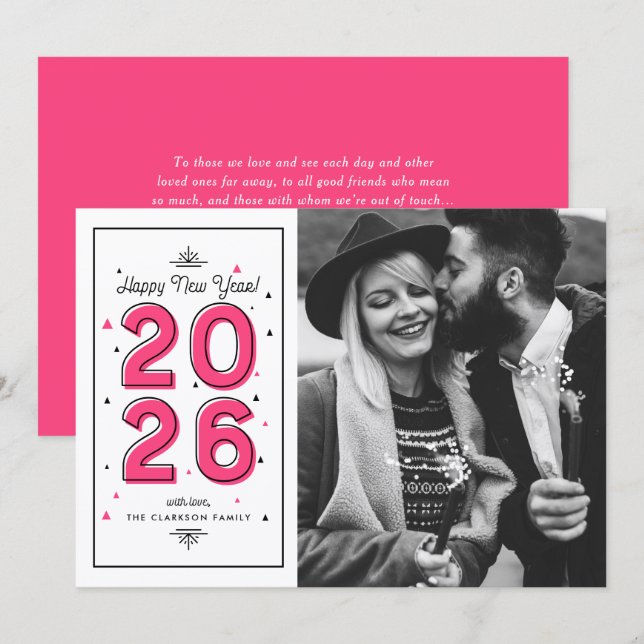 Hot Pink Geometric Typography 2025 New Year Holiday Card (Front/Back)
