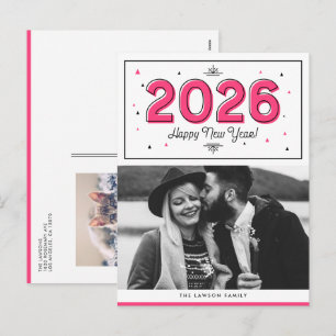 Hot Pink Geometric Typography Photo Happy New Year Holiday Postcard