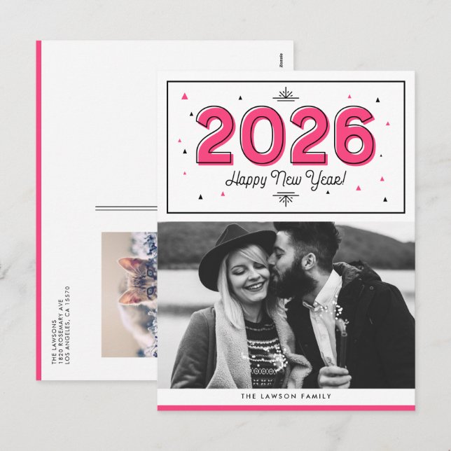 Hot Pink Geometric Typography Photo Happy New Year Holiday Postcard (Front/Back)