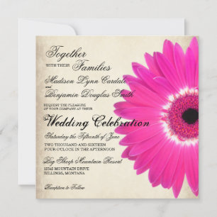 Hot Pink Gerber Daisy Rustic Wedding Invitations
