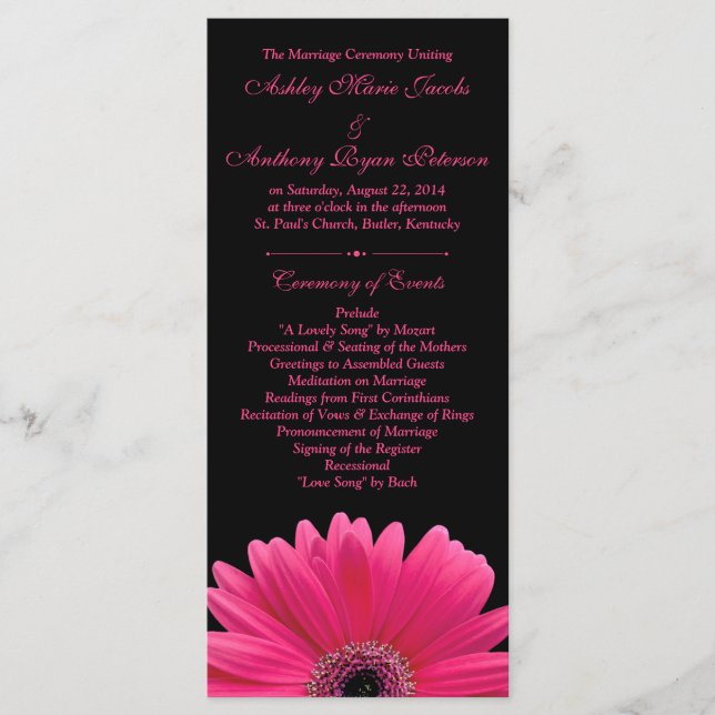 Hot Pink Gerbera Daisy Black Wedding Program Programme (Front)