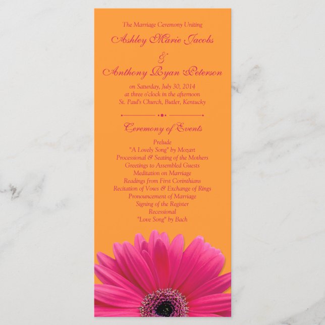 Hot Pink Gerbera Daisy Orange Wedding Program Programme (Front)