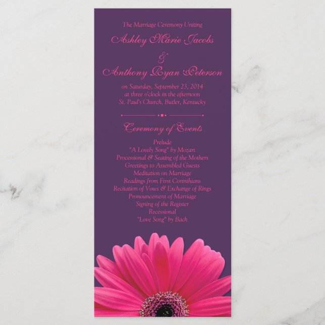 Hot Pink Gerbera Daisy Purple Wedding Program Programme (Front)