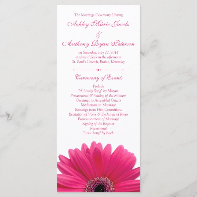 Hot Pink Gerbera Daisy White Wedding Program Programme (Front)