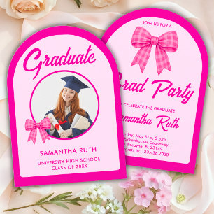 Hot Pink Gingham Bow Arch Photo Graduation Party Invitation