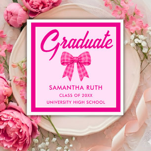 Hot Pink Gingham Bow Graduation Party Napkin