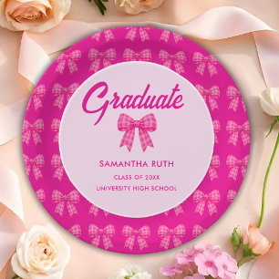 Hot Pink Gingham Bow Graduation Party Paper Plate