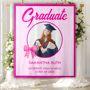 Hot Pink Gingham Bow Photo Graduation Banner Tapestry