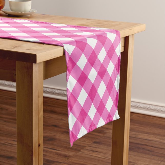 Hot Pink Gingham Plaid Pattern Short Table Runner (In Situ)