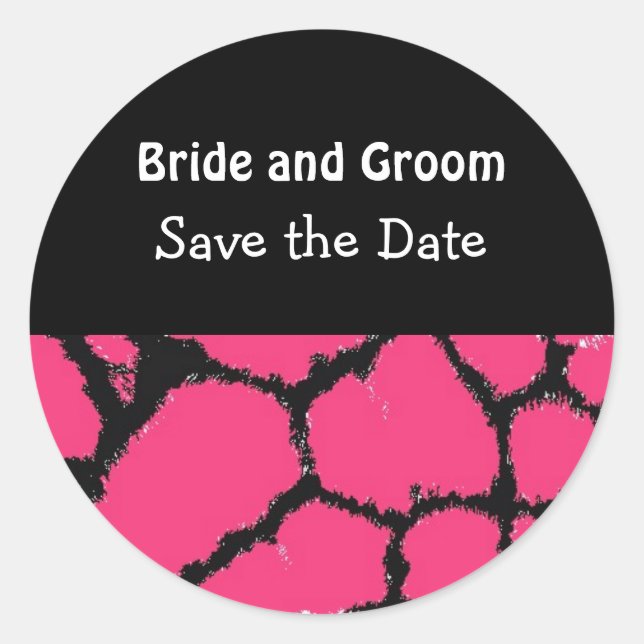 Hot Pink Giraffe Pattern Save the Date Classic Round Sticker (Front)