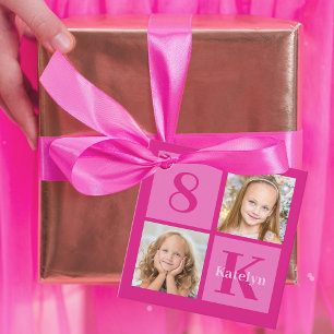 Hot Pink Girl Photo Collage Custom Birthday Party Favour Tags