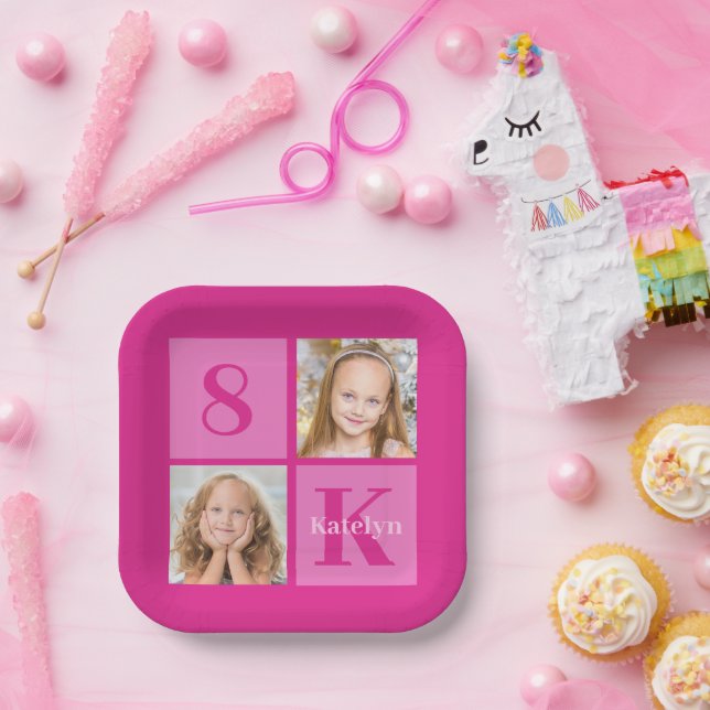 Hot Pink Girl Photo Collage Custom Birthday Party Paper Plate (Party)