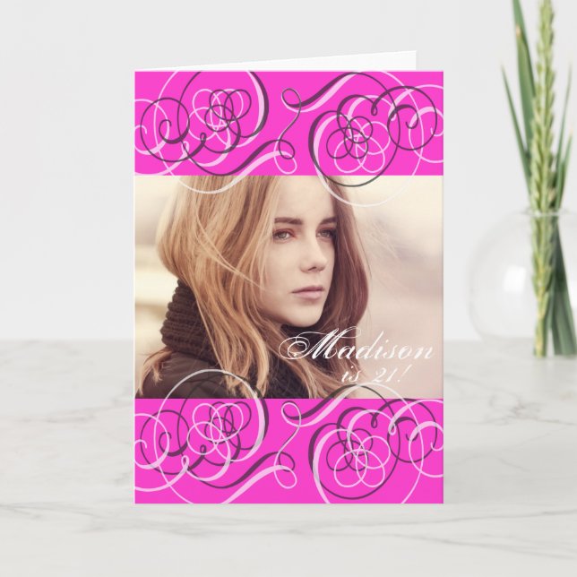 Hot Pink Girl's 21st Birthday Party Photo Card (Front)