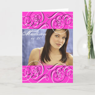 Hot Pink Girl's 21st Birthday Party Photo Card