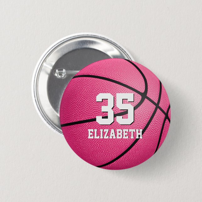 hot pink girls' basketball personalised 6 cm round badge (Front & Back)