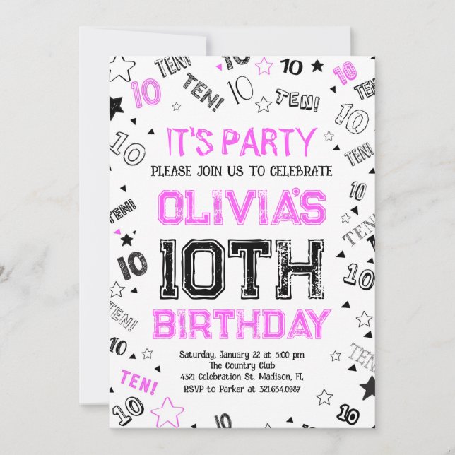 Hot Pink Girls Number Ten Birthday Party Invitation (Front)