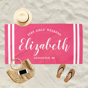 Hot Pink Girls Weekend Personalised Name Beach Towel