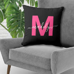 Hot Pink Girly Initial Name Monogram Cushion<br><div class="desc">Personalised Magenta Pink Initial Name Monogram Throw Pillow. This stylish monogram pillow pairs a modern minimalist look with a sophisticated, trendy flair, making it a versatile accent for any room. It features a bold hot pink magenta initial against a sleek black background, with an elegant white script name across the...</div>