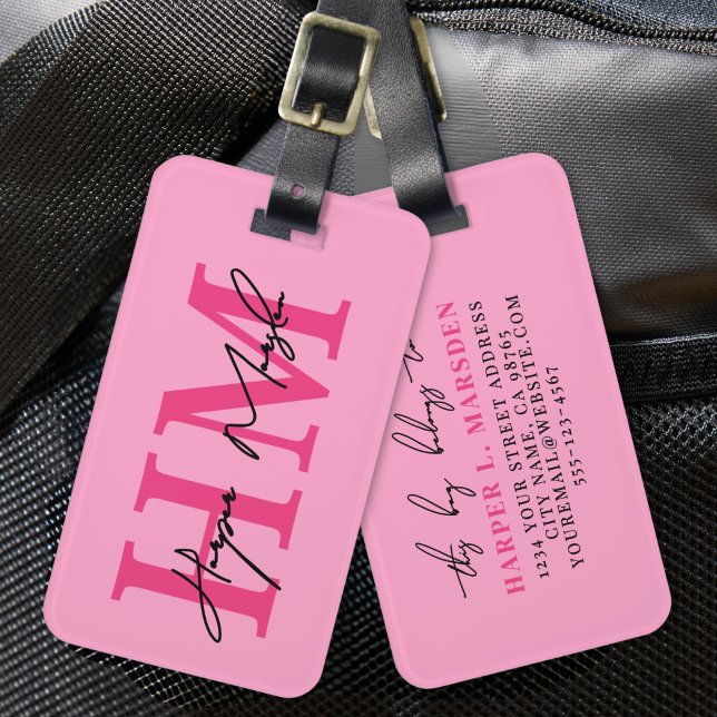 Hot Pink Girly Monogram Luggage Tag (Hot Pink Girly Monogram Name Luggage Tag)