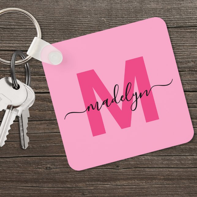 Hot Pink Girly Script Name Monogram Key Ring (Hot Pink Girly Script Name Monogram keychain)