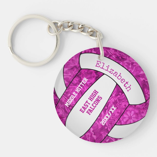 hot pink girly sports personalised volleyball key ring (Front)
