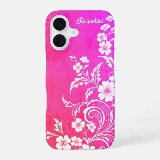 Hot Pink Glam Floral Swirl iPhone 16 Case (Back)
