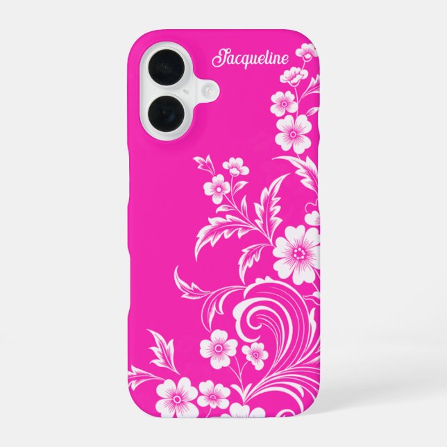 Hot Pink Glam Floral Swirl iPhone 16 Case (Back)