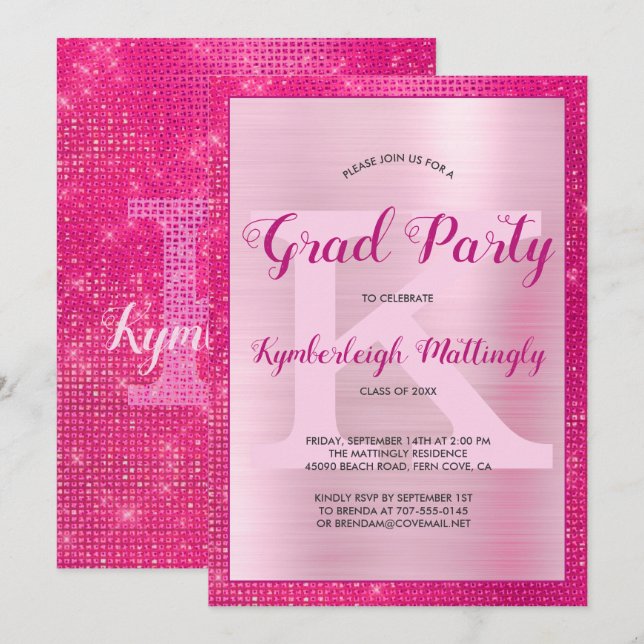 Hot Pink Glam Fun Diamond Sparkle Graduation Party Invitation (Front/Back)