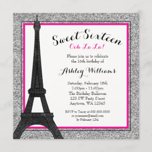 Hot Pink Glam Paris Themed Faux Glitter Sweet 16 Invitation