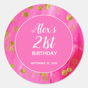 Hot Pink Glitter 21st Birthday Name Classic Round Sticker