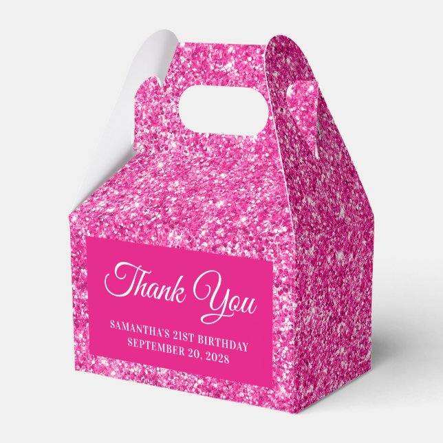 Hot Pink Glitter 21st Birthday Thank You Favour Box (Front Side)
