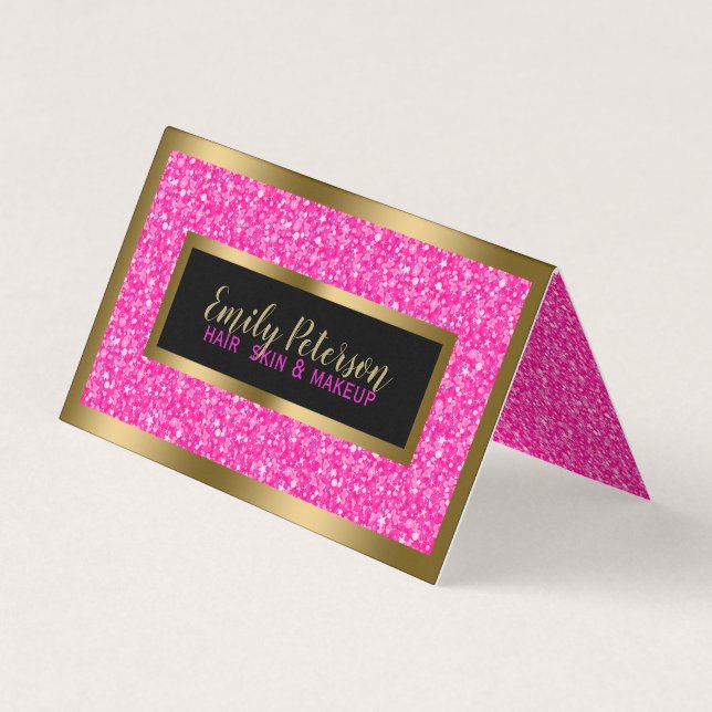 Hot Pink Glitter And Gold Frame Business Card (Front)