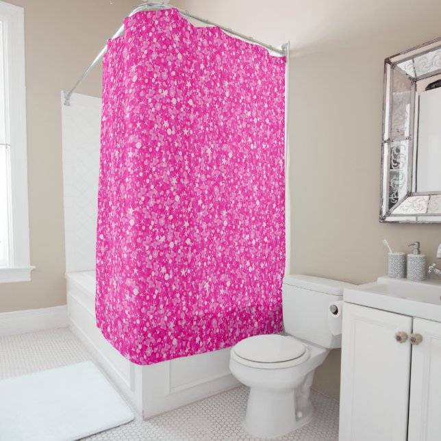 Hot Pink Glitter And White Polka Dot And Stars Shower Curtain (In Situ)