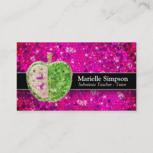Hot Pink Glitter Apple Substitute Teacher Tutor Business Card