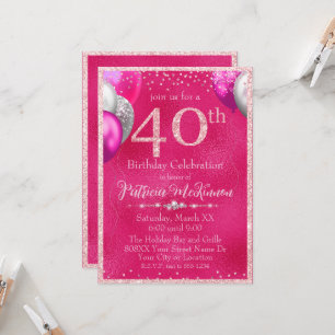 Hot Pink Glitter Balloons 40th Birthday Invitation