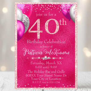Hot Pink Glitter Balloons 40th Birthday Invitation