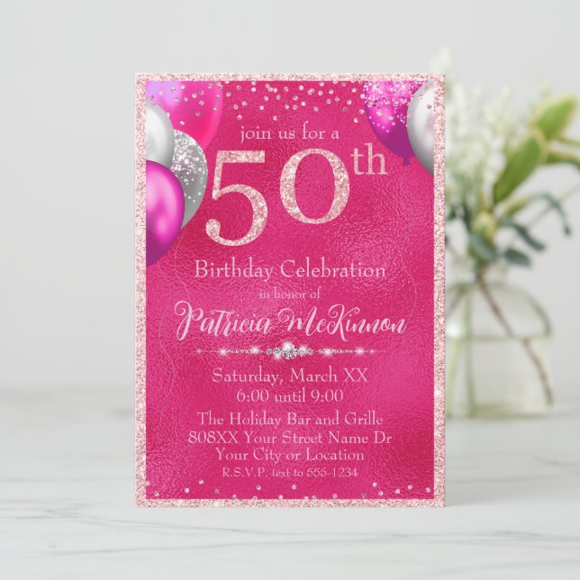 Hot Pink Glitter Balloons 50th Birthday Invitation (Standing Front)