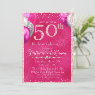 Hot Pink Glitter Balloons 50th Birthday Invitation