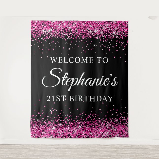 Hot Pink Glitter Black 21st Birthday Welcome Tapestry (Front)