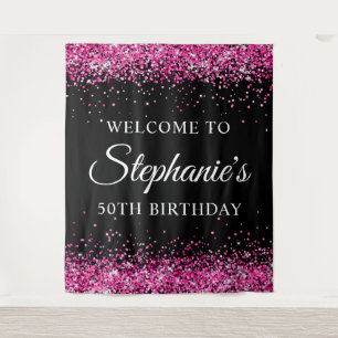 Hot Pink Glitter Black 50th Birthday Welcome Tapestry