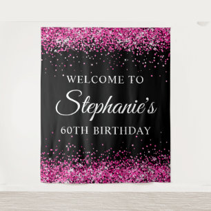 Hot Pink Glitter Black 60th Birthday Welcome Tapestry